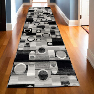 13' Black Gray And White Abstract Shag Runner Rug