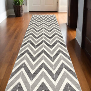 13' Gray And Ivory Chevron Distressed Runner Rug