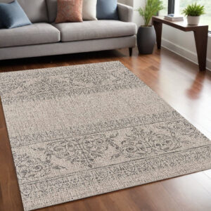 5' X 7' Ivory and Gray Ikat Non Skid Area Rug