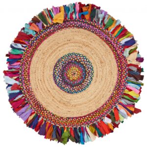 6' Blue And Red Jute Hand Woven Round Rug