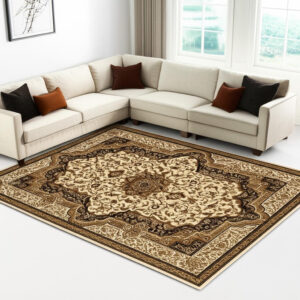 7' X 9' Black and Ivory Oriental Power Loom Area Rug