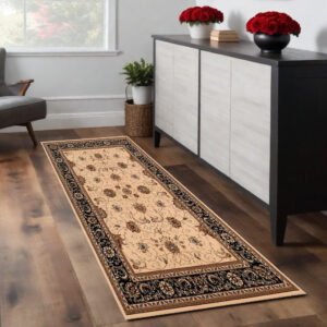 8' Black And Ivory Oriental Runner Rug