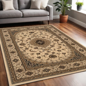 5' X 8' Beige and Black Floral Medallion Power Loom Area Rug