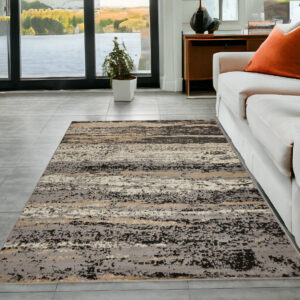 5' X 7' Beige Black And Gray Abstract Area Rug