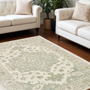 8' X 10' Green and Cream Medallion Area Rug
