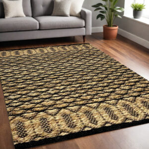 5' X 7' Tan and Black Hand Woven Area Rug