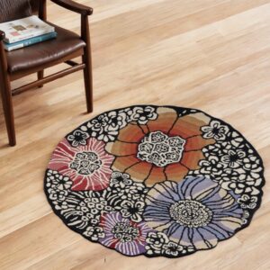 4' Round Red and Black Floral Area Rug
