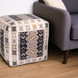 17" Ivory and Black Cotton Southwestern Pouf Ottoman