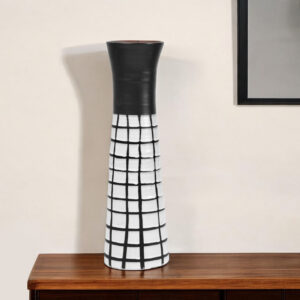 17" Black And White Abstract Cylinder Ceramic Table Vase