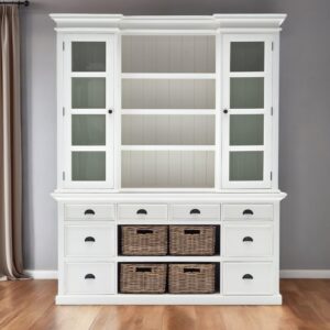87" White Wood Bookcase with Glass Doors Drawers and Baskets