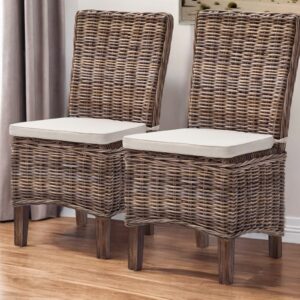 Set of Two Cream And Brown Rattan Dining Parsons Chairs