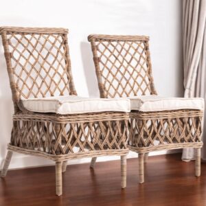 Set of Two Cream And Natural Rattan Cross Back Dining Parsons Chairs