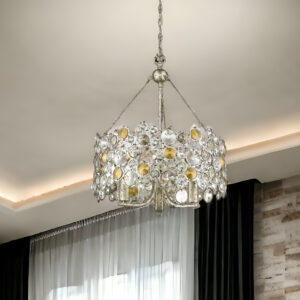 Silver Three Light Metal and Crystals Dimmable Chandelier With Silver Shades