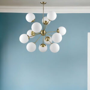 Brass Sputnik Twelve Light Frosted Metal Dimmable Chandelier With White Shades