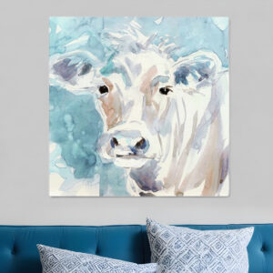 40" x 40" Blue Pastel Watercolor Cow Unframed Canvas Wall Art