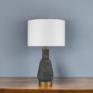 26" Distressed Black and Gold Ceramic Table Lamp With White Drum Shade