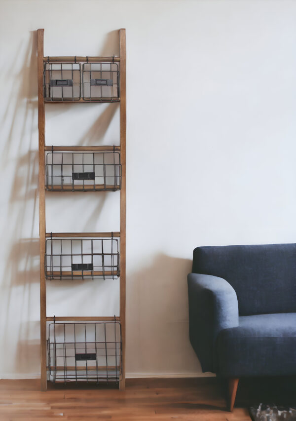 63" Natural and Black Wood And Metal Storage Shelf With Metal Baskets - Image 4