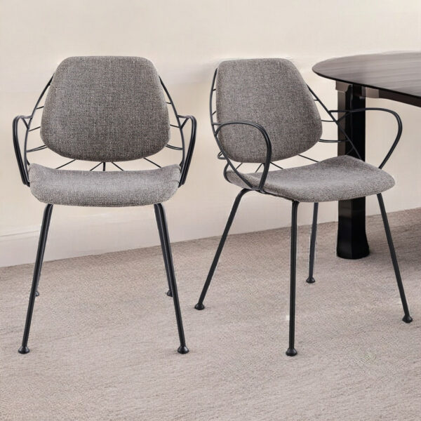 Set of Two Light Gray and Black Upholstered Fabric Dining Arm Chairs