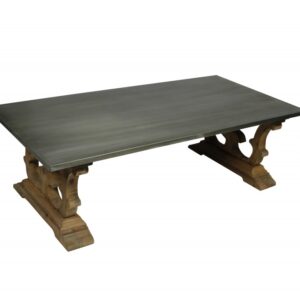 63" Gray and Brown Zinc and Solid Wood Pedestal Coffee Table