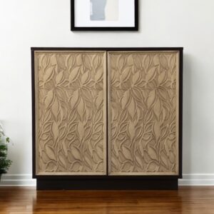 32" Dark Brown And Natural Carved Floral Sideboard with Two Doors