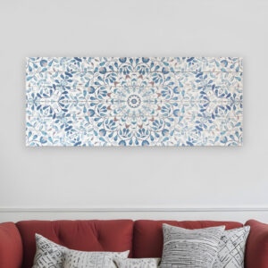 19" X 45" Shades of Blue Ornate Floral Medallion Wood Plank Wall Art