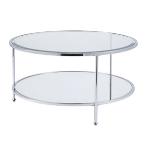 34" Chrome Glass And Metal Round Mirrored Coffee Table