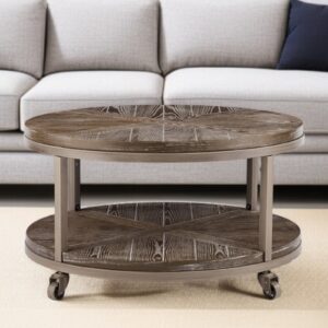 32" Brown Wood And Iron With Iron Round Distressed Coffee Table