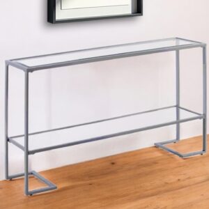 52" Clear and Silver Glass Sled Console Table With Shelves