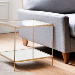 22" Clear And Gold Glass And Iron Square End Table With Shelf