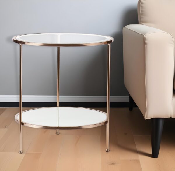26" Gold Glass And Iron Round End Table With Shelf