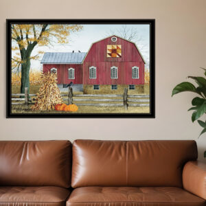 Autumn Leaf Quilt Block Barn  Black Framed Print Wall Art