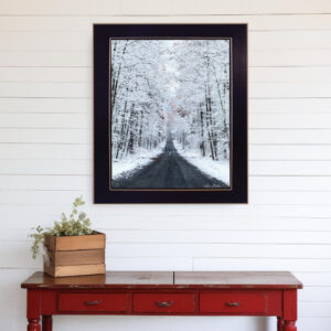 All Roads lead Home winter lane Black Framed Print Wall Art