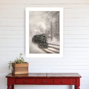 Snowy Locomotive  White Framed Print Wall Art