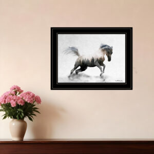 Running White Stallion  Black Framed Print Wall Art
