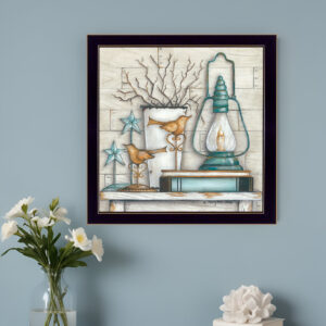 Lantern on Books  Black Framed Print Wall Art