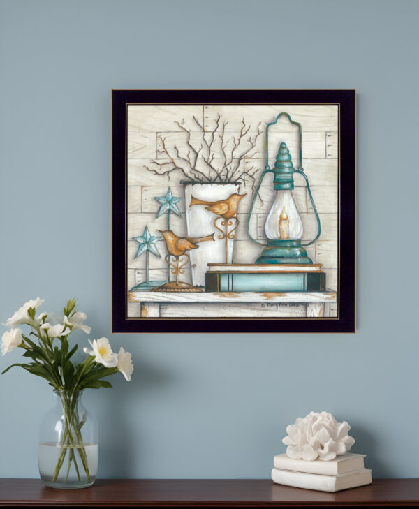 Lantern on Books  Black Framed Print Wall Art