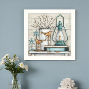 Lantern on Books  White Framed Print Wall Art