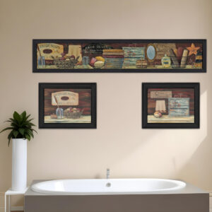 Set Of Three Country Bath II Collection  Black Framed Print Bathroom Wall Art