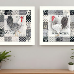 Set Of Two Black And White Rooster White Framed Print Wall Art