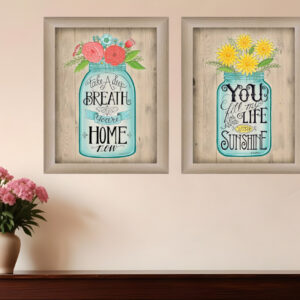 Set Of Two Mason Jars Floral Brown Framed Print Wall Art