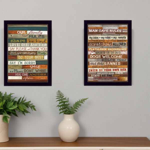 Set Of Two Family and Man Cave Rules  Black Framed Print Wall Art