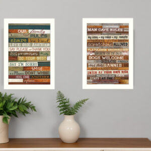 Set Of Two Family and Man Cave Rules  White Framed Print Wall Art