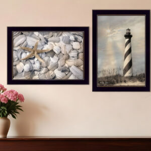 Set Of Two Cape Hatteras Lighthouse and Sea Shells  Black Framed Print Wall Art