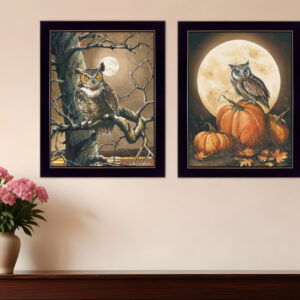 Set Of Two Autumn Owls Black Framed Print Wall Art
