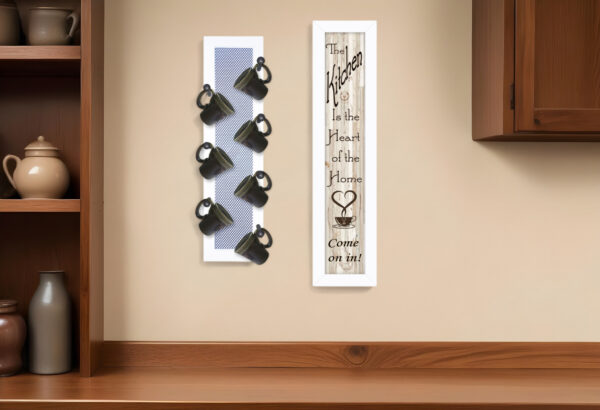 Set Of Two Come On In with Seven Peg Mug Rack  White Framed Print Kitchen Wall Art