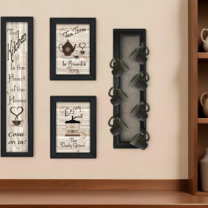 Set Of Four Kitchen Collection V with Seven Peg Mug Rack  Black Framed Print Kitchen Wall Art