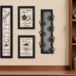 Set Of Four Kitchen Collection V with Seven Peg Mug Rack  Black Framed Print Kitchen Wall Art