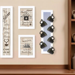 Set Of Four Kitchen Collection with Seven Peg Mug Rack White Framed Print Kitchen Wall Art