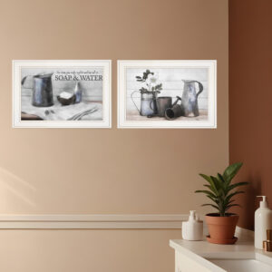 Set Of Two Soap or Floral  White Framed Print Bathroom Wall Art
