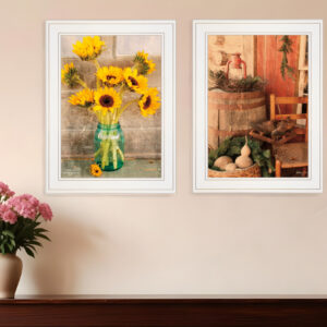 Set Of Two Vintage Country and Sunflowers  White Framed Print Wall Art
